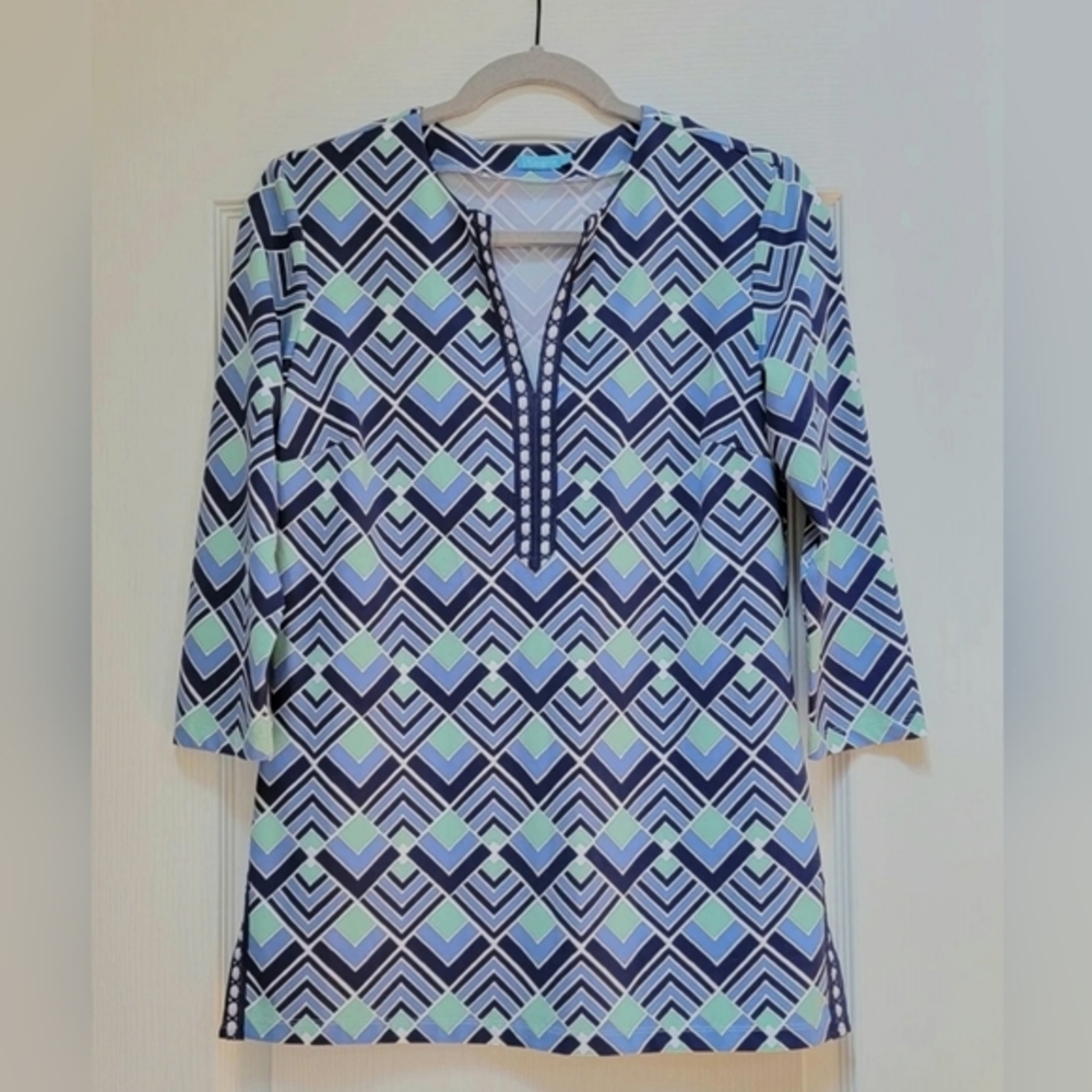 J. McLaughlin Catalina Cloth Tunic Top Women's Small Blue Green Split Neck Shirt